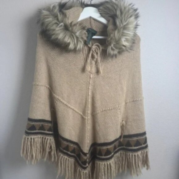 Lauren RL Alpaca Wool Hooded Faux Fur Poncho Sweater Fringe - Picture 1 of 6